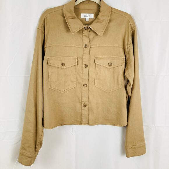 Level99 Evereve Womens L Tan Crop Linen Blend Utility Shacket Chore Fall Ranch - Picture 1 of 11